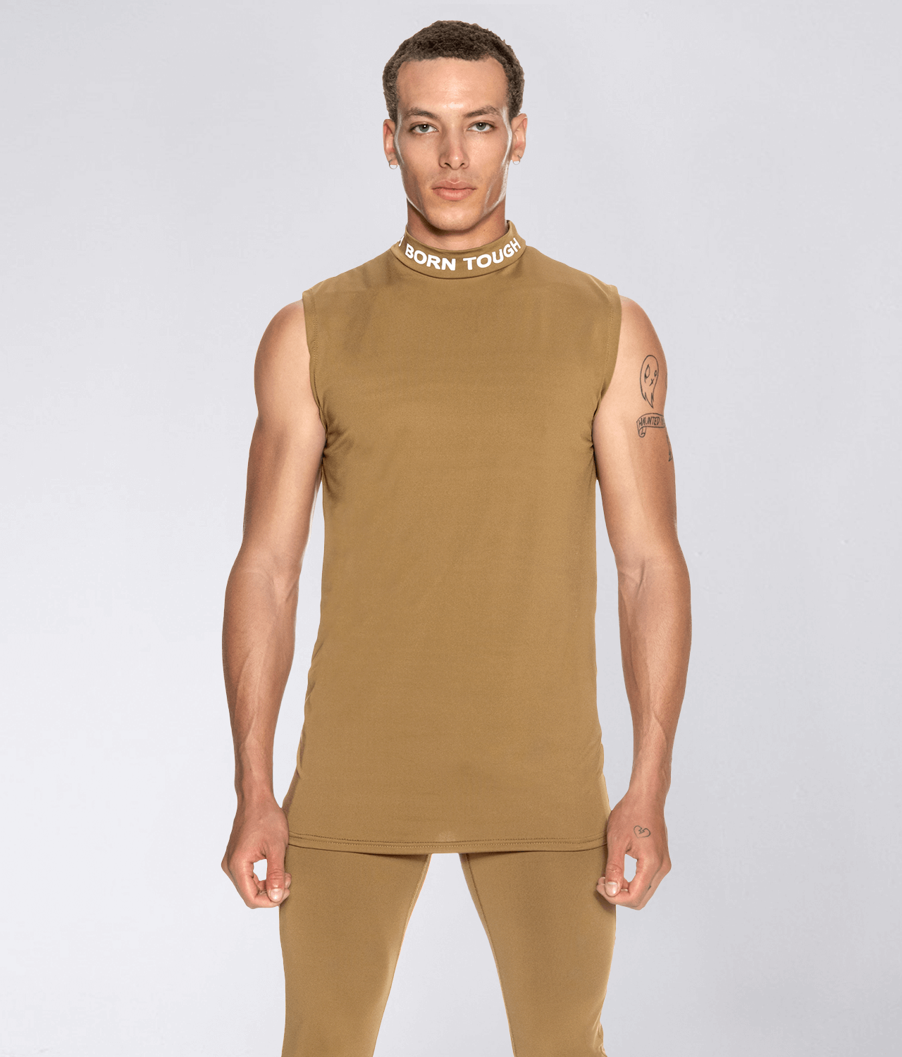 Born Tough Mock Neck Sleeveless Khaki Running Base Layer Shirt For Men